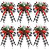 6PCS Christmas Pinecone Pine Needle Bow Christmas Grid Ribbon Bow Christmas Tree Decoration Bow Home Furnishings