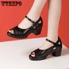 Leather Sandals Women's Mid-heel Thick-heel Fish Mouth Mesh Work Shoes Non-slip All-match Comfortable C Black Sandals