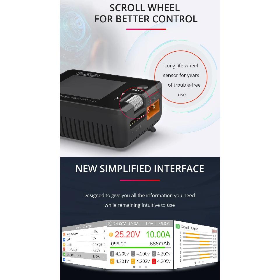 ToolkitRC M7 200W DC Balance Charger/Discharger ADP100 100W Adapter (EU/US) For 1-6S Lipo LiHV LiFe Lion RC Battery