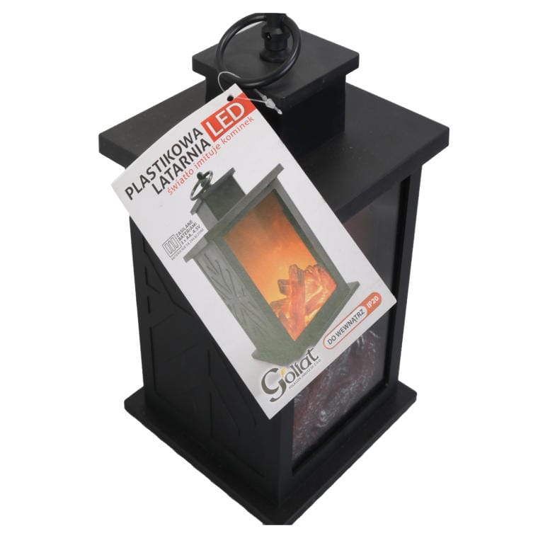 Battery-Powered LED Lantern with Battery-Powered Fireplace - Warm Orange Light, Plastic, Black