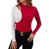 Осенне-зимняя элегантная контрастная строчка с небольшим воротником-стойкой, новая футболка, тонкий тонкий топ с длинными рукавами для женщин
