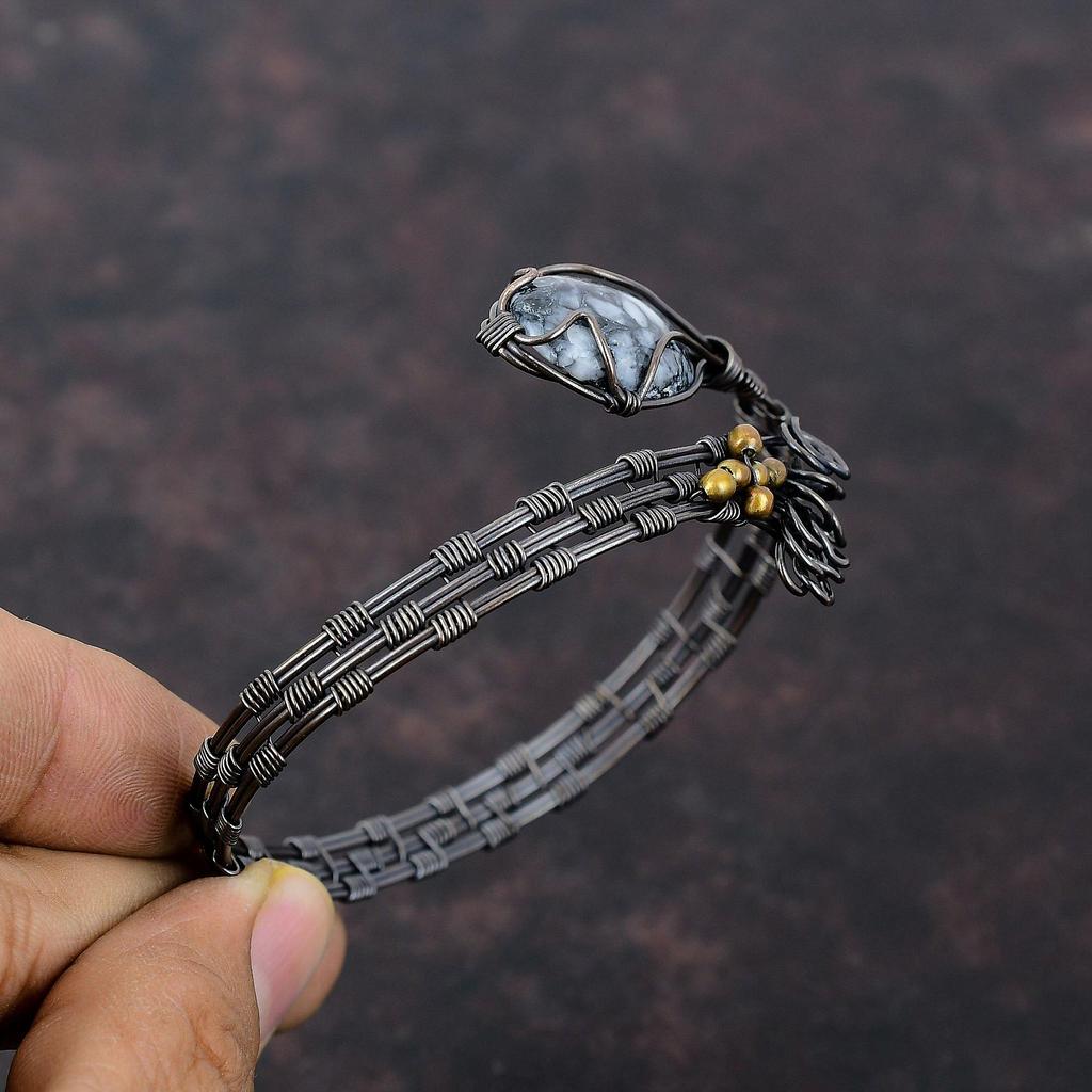 Браслет-манжета из медной проволоки Pinolith Jasper, уникальная ручная работа, регулируемый браслет из медной проволоки, свадебный подарок