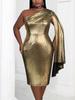 Gold Shiny Summer Dresses for Women Bronzing Evening One Shoulder Pleated Clock Sleeve Birthday Prom Gowns