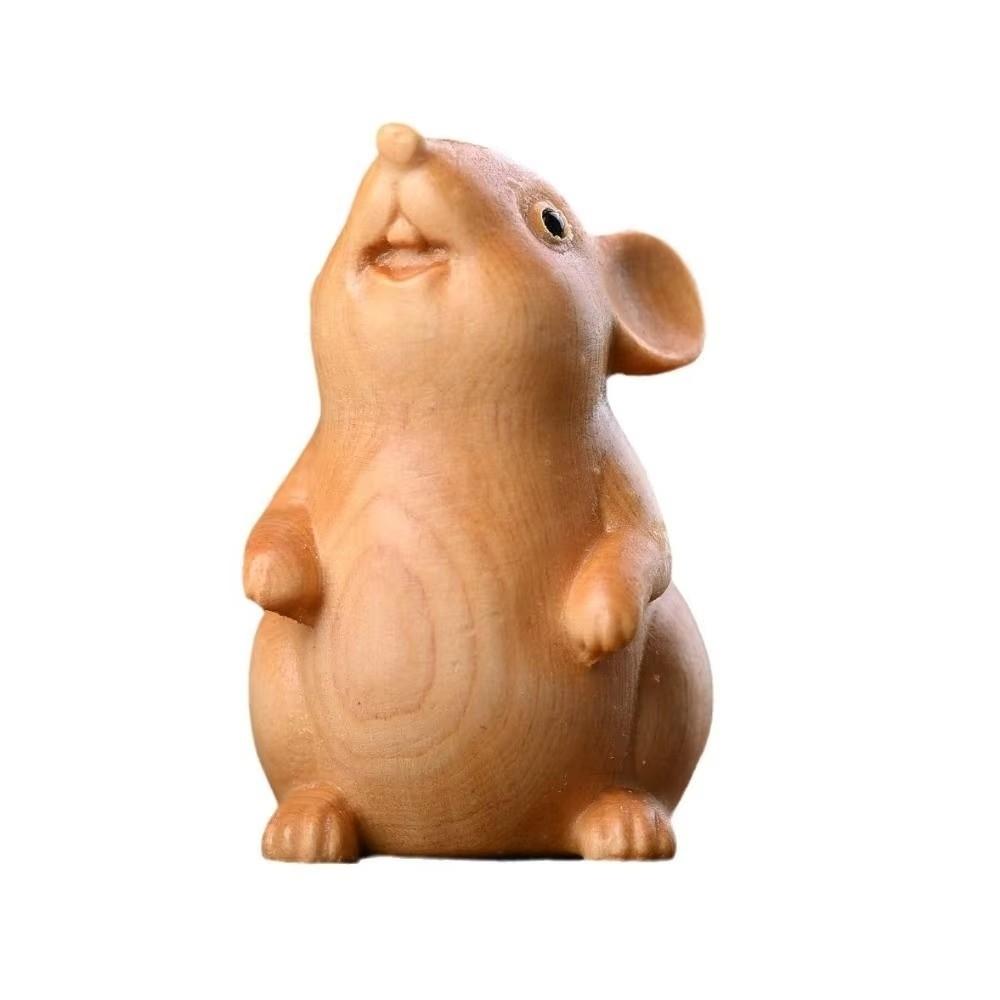 Cute Hamster Statue Funny Decorative Animal Figurine New Wood Carved Zodiac Mouse Office Gift