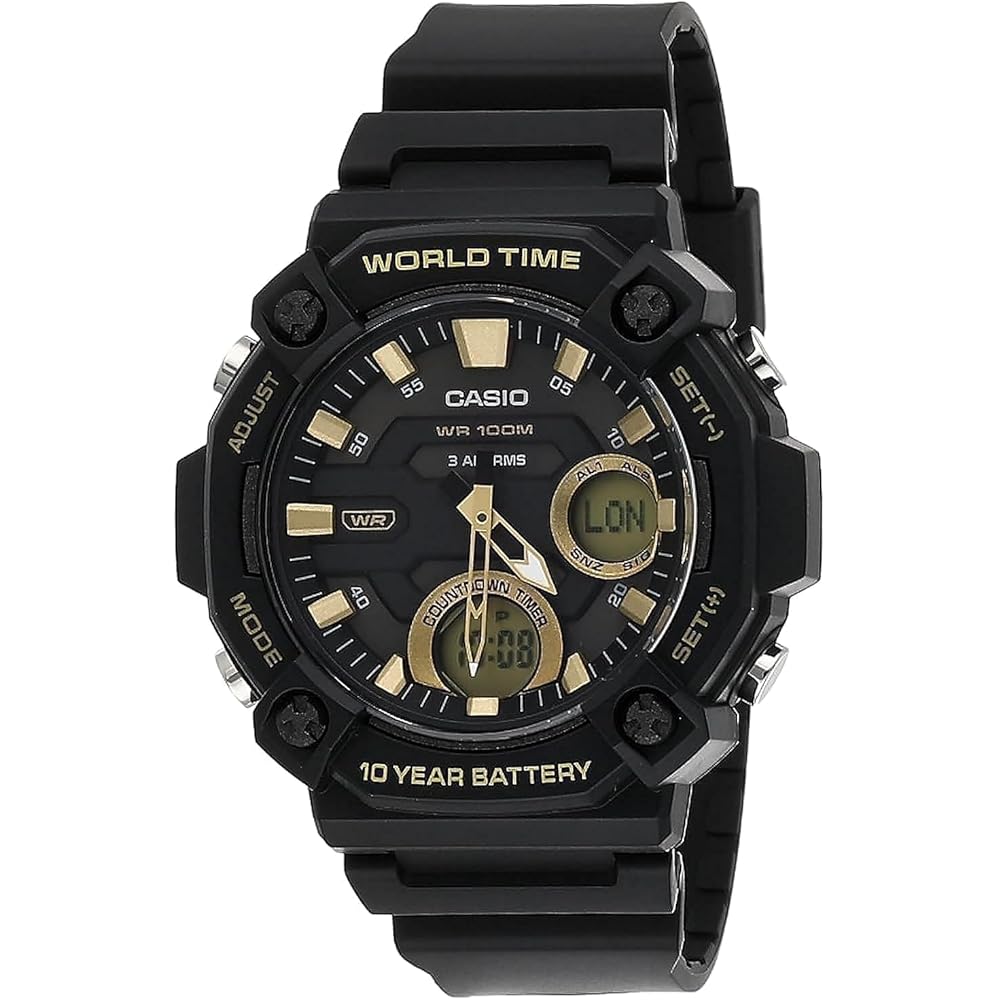 Casio Наручные часы с аналого-цифровым дисплеем, мировым временем, таймером обратного отсчета и 10-летним сроком службы батареи (Модель: AEQ-120W-9AV)...
