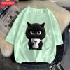 Футболка с принтом «Милый черный кот держит чашку», дышащая, приятная для кожи, с коротким рукавом, модная одежда в стиле Харадзюку, удобная мягкая футболка