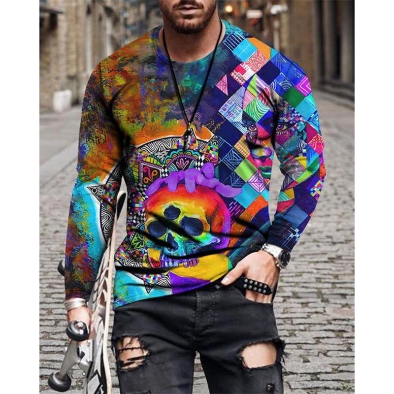 Spring and Autumn New Men's 3D Digital Printed Checkered Floral Long Sleeve Round Neck Minimally Casual T-shirt