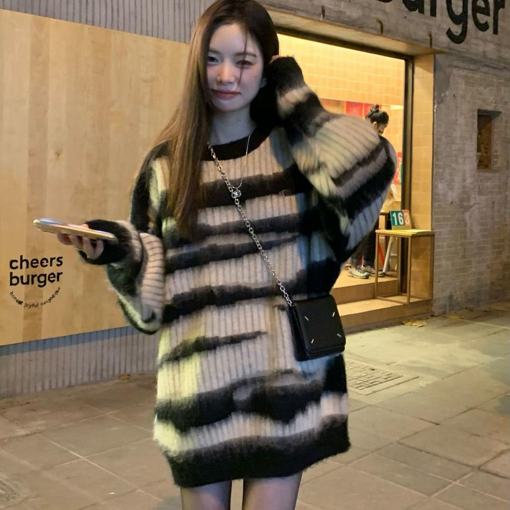 Y2K гранж черный полосатый свитер женский Harajuku корейский оверсайз зимний пуловер трикотажные изделия хиппи винтажный вязаный джемпер