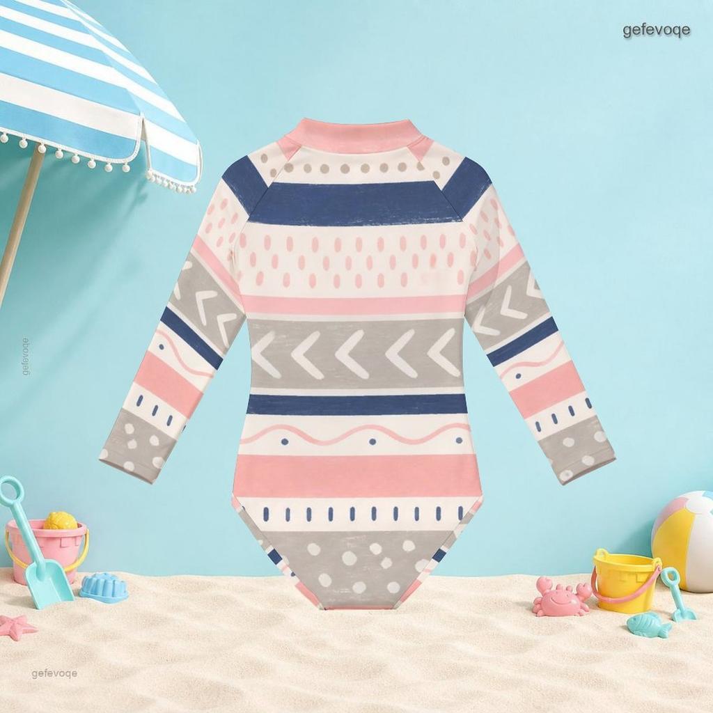Girls High Neck Long Sleeve Front Zip Printed One Piece Swimsuit Pink Blue Gray White
