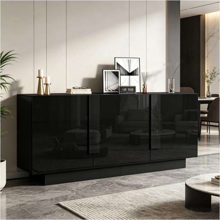 Buffet salon noir brillant 160 x 35 x 60 cm 3 portes 6 compartiments, étagères ajustables grand rangement commode moderne chic déco!