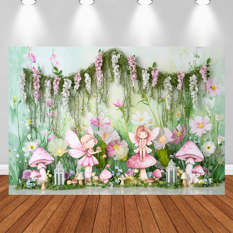 LS Fairy Girl Mushroom Mystery Garden Backdrops Kids Baby 1st Birthday Cake Smash Props Child Spring Floral Props Backgrounds