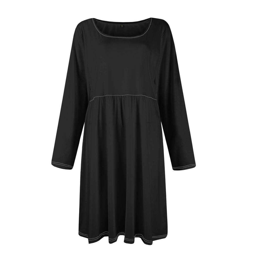 Женские однотонные повседневные платья с карманами на весну с круглым вырезом и длинными рукавами