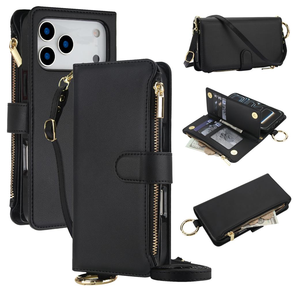 Zipper Crossbody Wallet Phone Case for iPhone 17 Pro Max Samsung S26 Ultra, Leather Flip Card Holder Cover with Wrist Strap