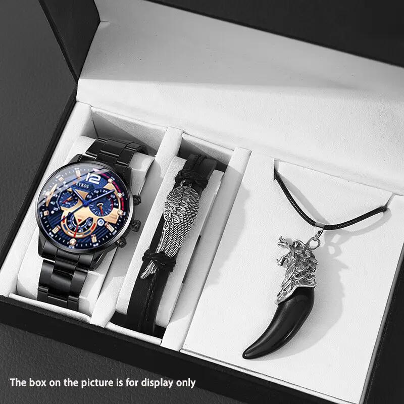 3pcs/set Men'sBusiness  Alloy Stainless Steel Pointer Quartz Wrist Watch & Bracelet Necklace Set