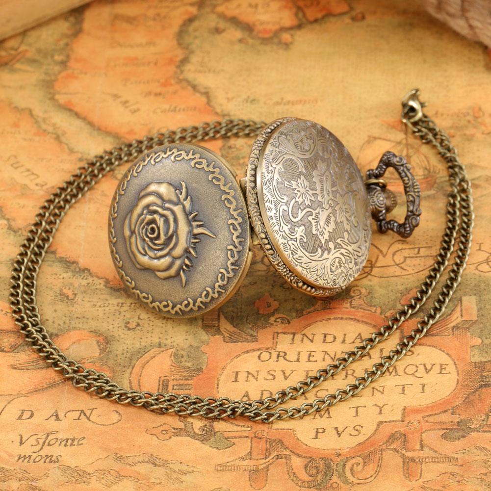 Romantic Retro Rose Flower Bronze Quartz Pocket Watch Women's Necklace Pendant Pocket Clock Gift Antique Stylish Timepiece