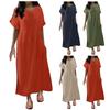 Women's Solid Loose Round Neck Short Sleeve Cotton Hemp Pocket Dress