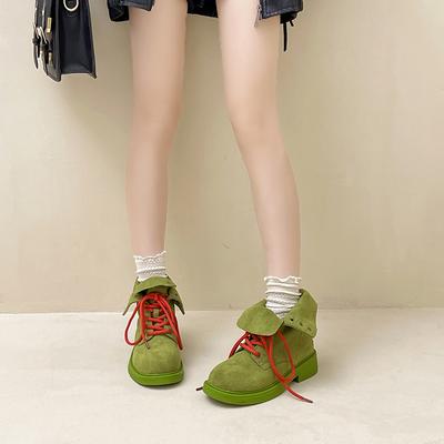 Ретро контрастные цвета платформа универсальные шнуровка квадратный каблук короткие ботинки осень и зима мода замшевый ремешок женская обувь толстый каблук Мартин