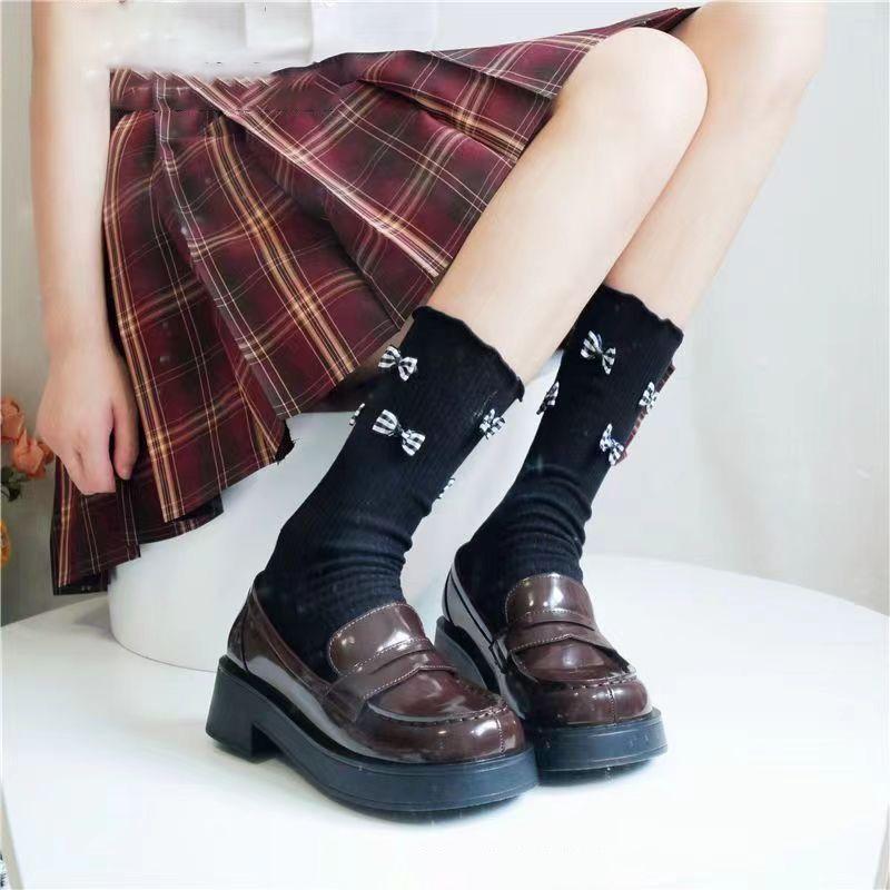 Round Head Platform Single Shoes Women's Versatile Small Leather Shoes Bow Uniform Shoes Middle Heel Jk Shoes 2025 New Autumn