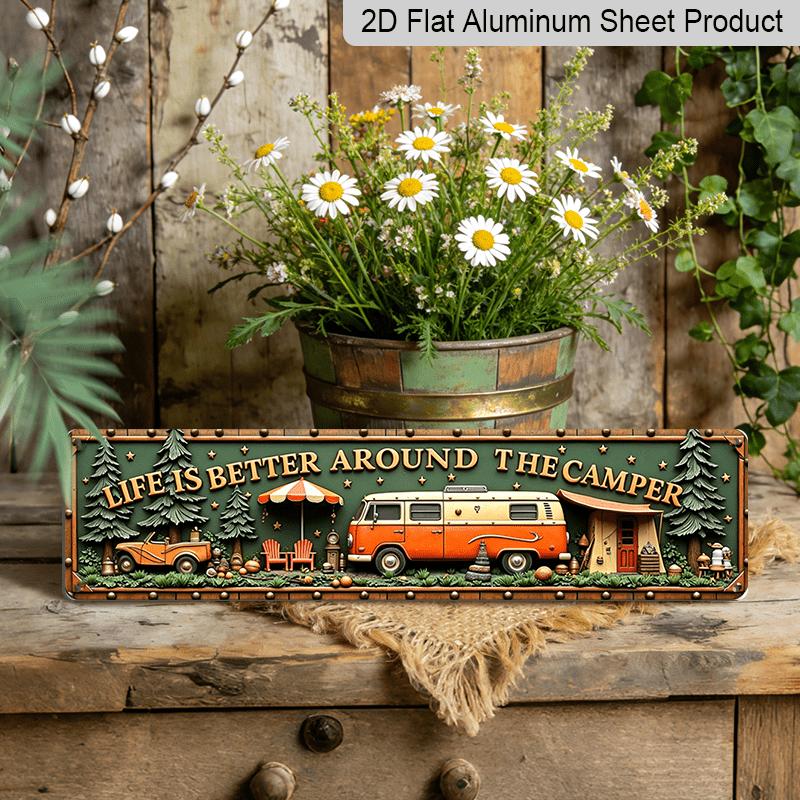 2D Flat, Vintage Camper Van & Retro Outdoor Wall Sign - Metal Rustic Decor Suitable for Bars, Living Rooms, Campgrounds, Christmas & Thanksgiving