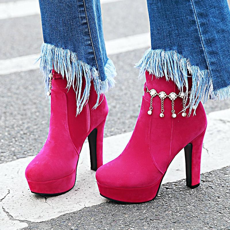 Женские короткие сапоги на высоком каблуке, модные непромокаемые однотонные короткие ботинки на платформе и толстом каблуке, большие замшевые ботинки на высоком каблуке