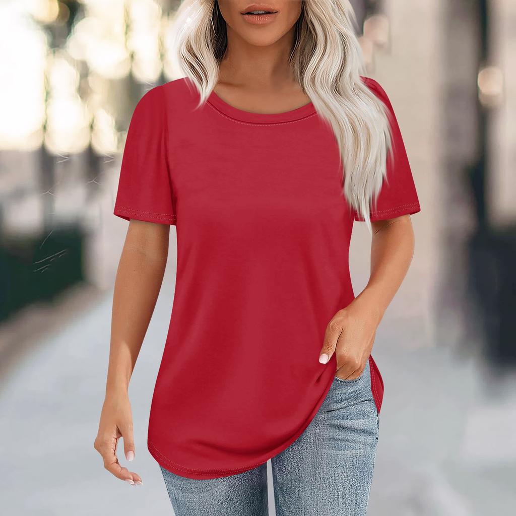 Women's Fashion Casual Solid Color Round Neck Short Sleeve T-shirt Tops