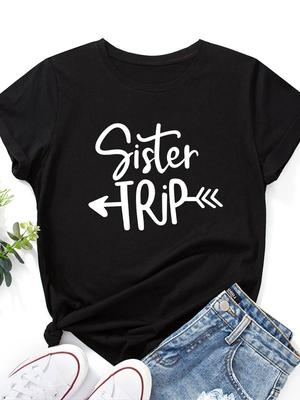 Футболка женская с принтом надписи Sister Trip, с коротким рукавом, с круглым вырезом, свободная, женская футболка, женская футболка, топы, одежда, Camisetas Mujer