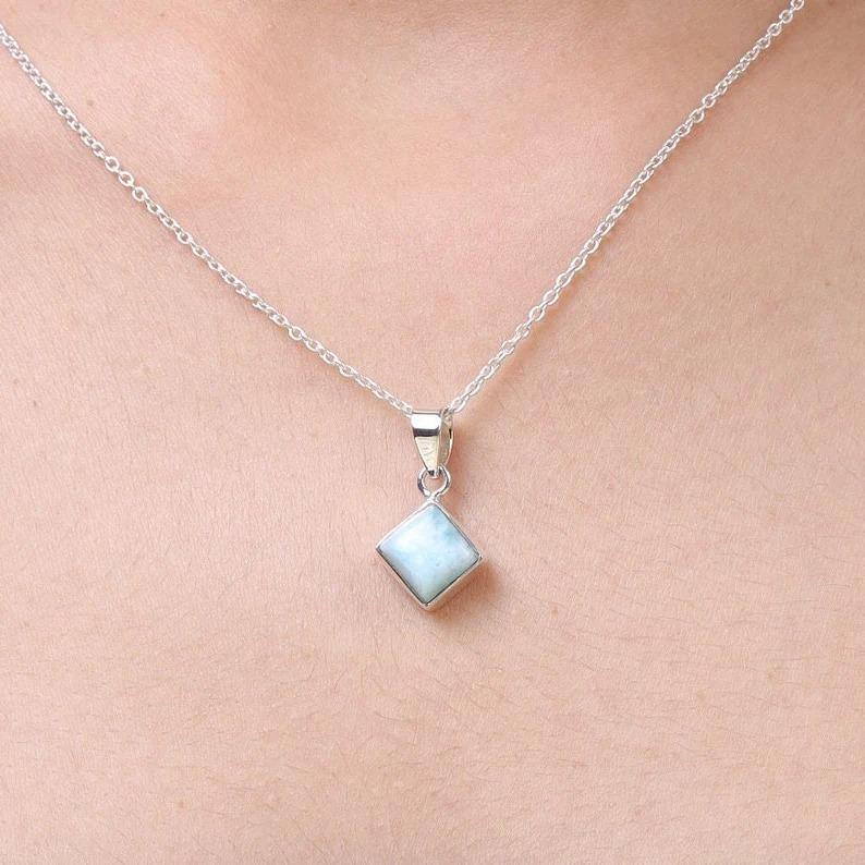 Ожерелье из натурального камня ларимар, дизайнерское ожерелье, подарок для нее, подарок на годовщину, серебряные украшения, подарок подружке невесты, серебро 925 пробы