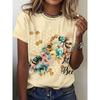 Casual Women's T-Shirt Summer Round Neck Short Sleeve Bee Floral Pattern