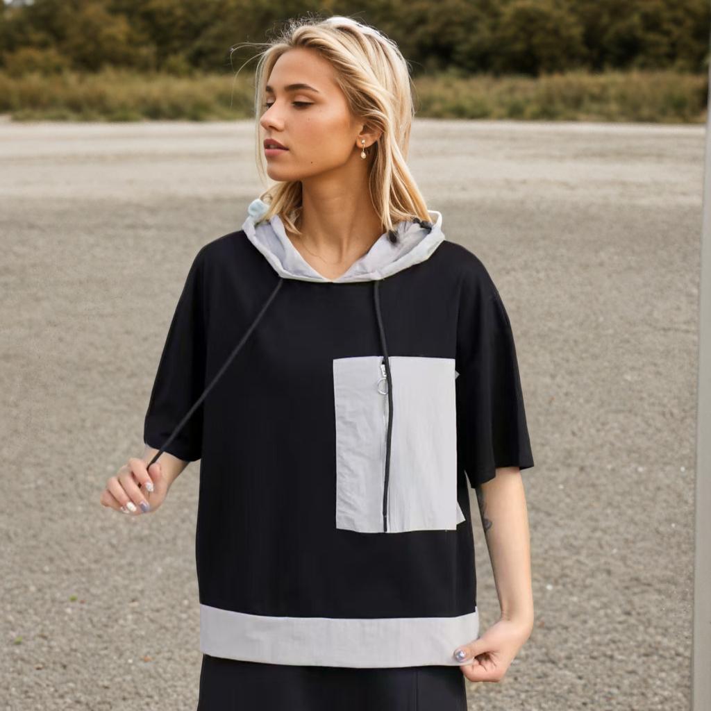 Dimanaf 2025 Plus Size Pullover Hoodie Summer T-shirt Women Asymmetrical Solid Short Sleeve Loose Tees