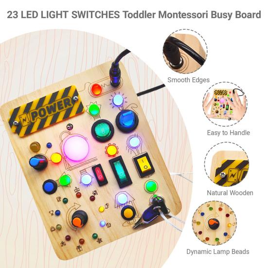 Yousheng LED Light Switch Busy Board Toddler Light-up Switch Control Wooden Board Fine Motor Skills Kids Educational Learning Activity Game Board Toy