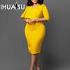 Summer Spring Women's Temperament Tongle Solid Color Bag Hip Professional Pencil Skirt 1/2 Sleeves V-Neck Dress