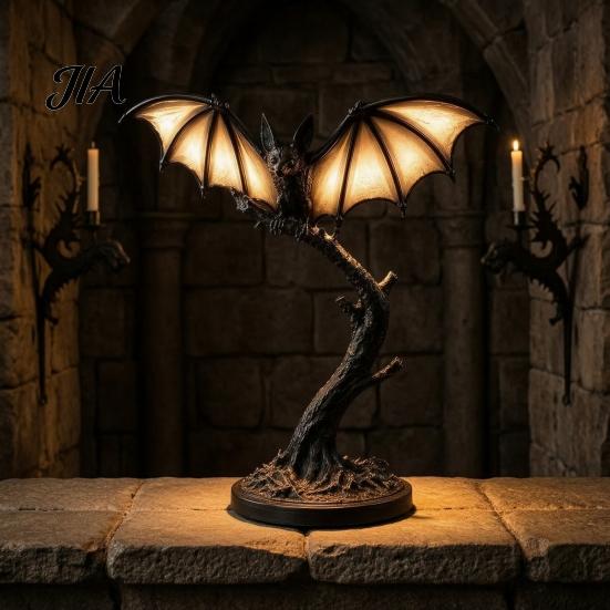 Vintage Bat Sculpture Lamps Gothic Tree Branch Night Light, Resin Halloween Tabletop Decor Lamp Decorative Lights with Warm Glow, Spooky Desk Ornament
