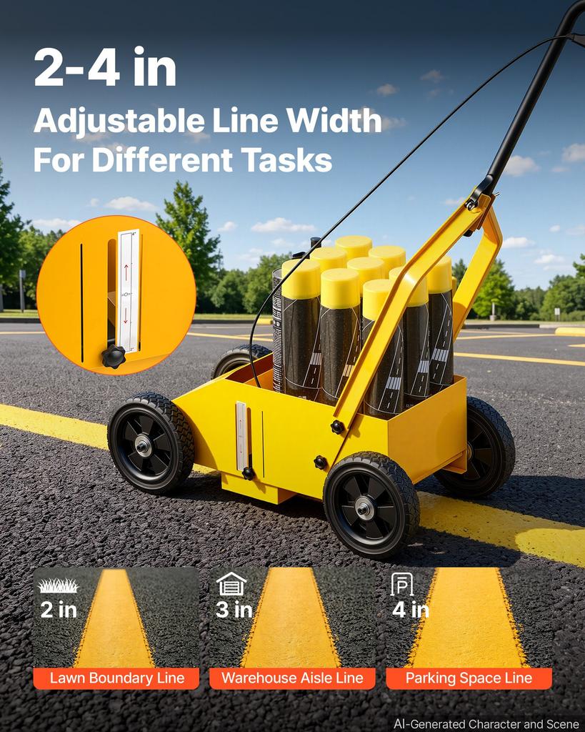 VEVOR Striping Line Marking Machine 9-Can Capacity Yellow with 4 Wheels, Parking Lot Striping Machine, 50-100 mm Adjustable Line Width, Heavy Duty
