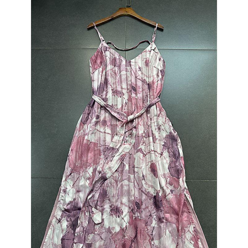 Purple Blooming Flower Sling Dress Lulu Home High-End Line V Neck Slit Hemline Vacation Dress White