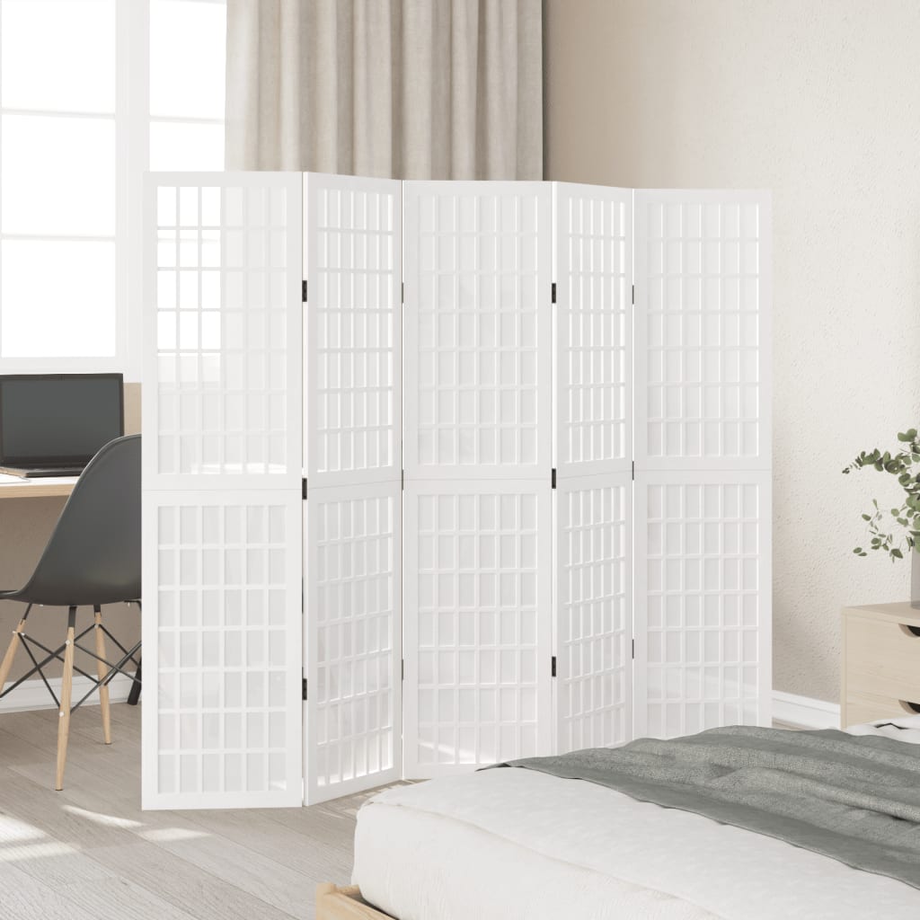 5 Panel Room Divider White Solid Paulownia Wood