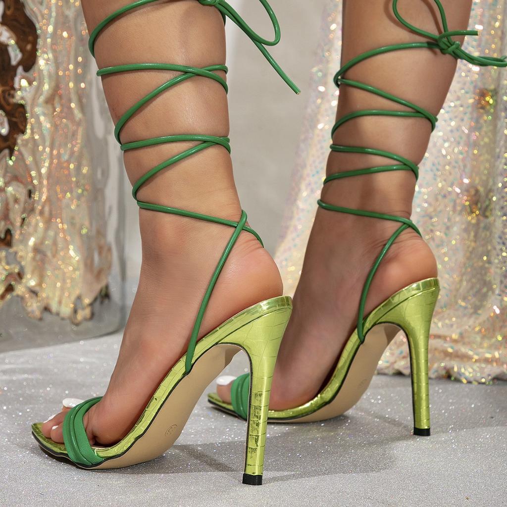 Хуэйчжоу женские зеленые босоножки на высоком каблуке вечеринка мода шпилька острый носок шнуровка ремешок высокий каблук