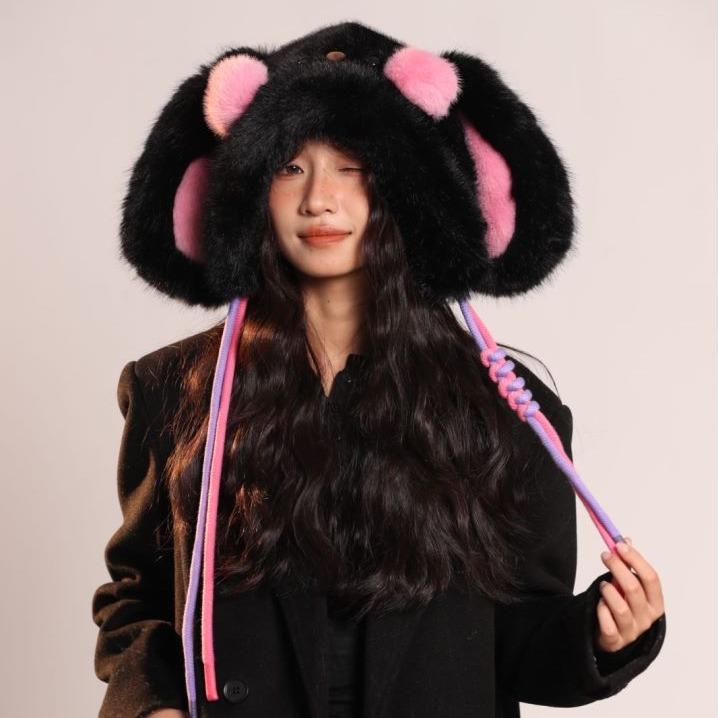 Cute blush bear plush hat women's winter sweet warm ear protection Lei Feng hat cycling fleece thickened cold protection