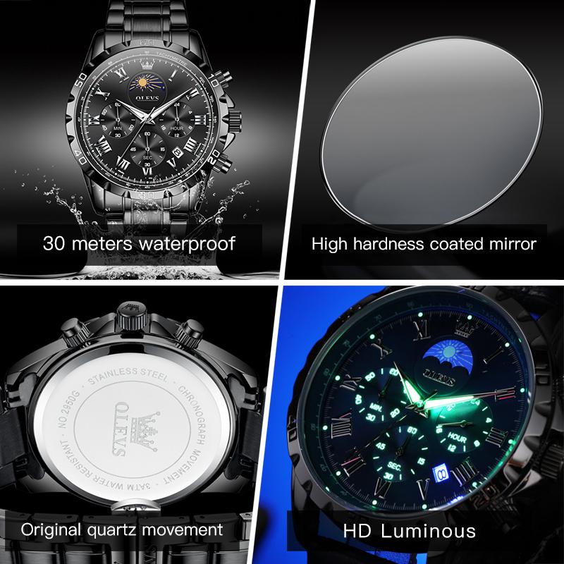 OLEVS Brand Watch Multifunctional Timing Three Eye Quartz Watch Waterproof Men's Watch 2950
