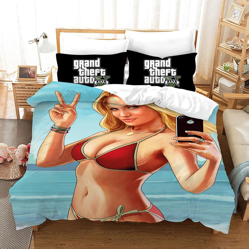 Game GTA V Bedding Set Cartoon Duvet Covers Pillowcase Grand Theft Auto 5 Comforter Bedding Sets Bed Linens Bedclothes(No Sheet)