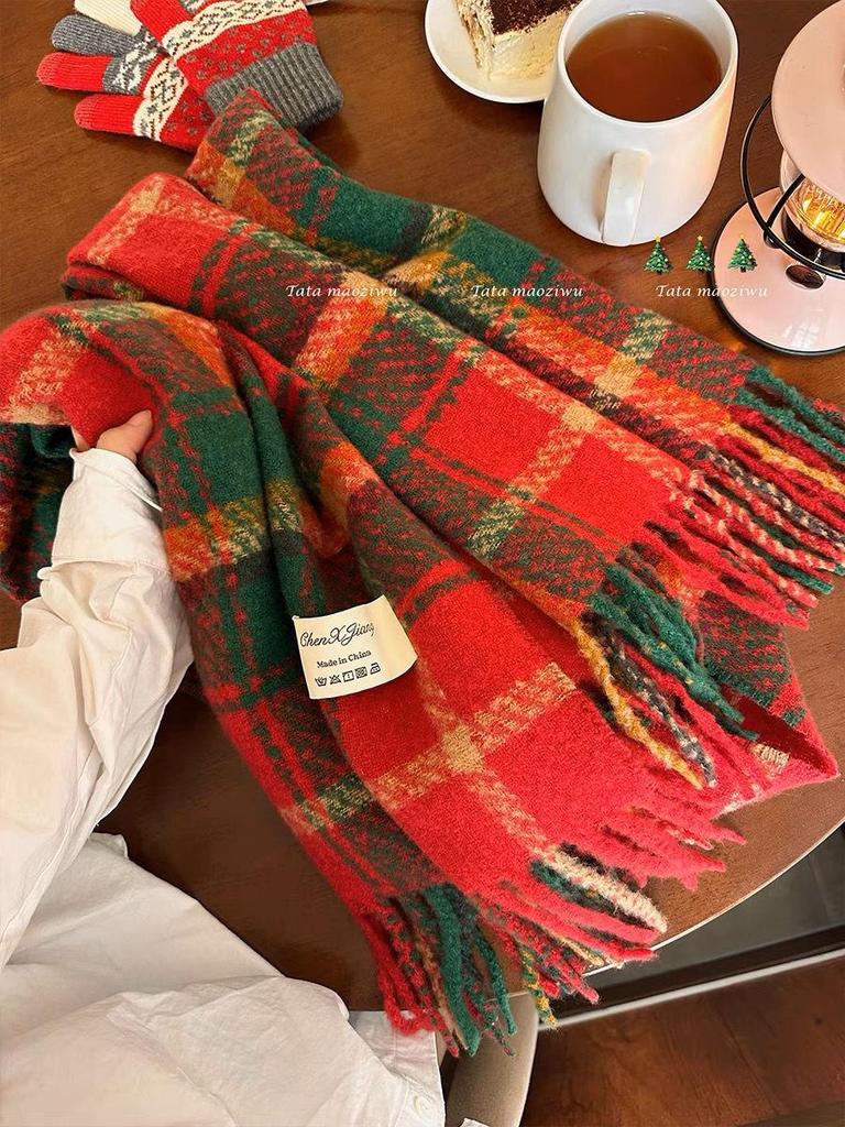 Women's Red Plaid Winter Scarf - Christmas & New Year Style, Thick & Warm, High-End Feel, Versatile Neck Warmer for Students
