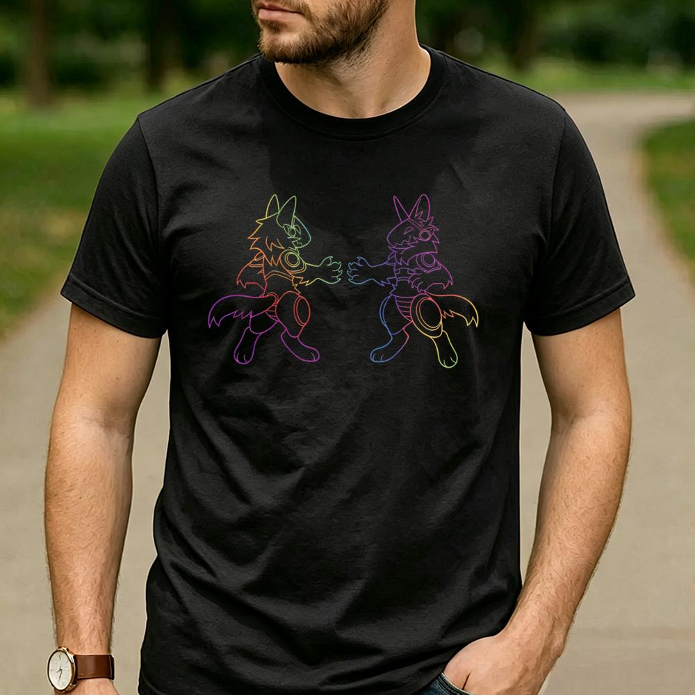 Rainbow Line Two Protogen Furry Robot TShirt Cotton Short Sleeve Neon Futurism Fursona Casual Unisex Graphic Tees