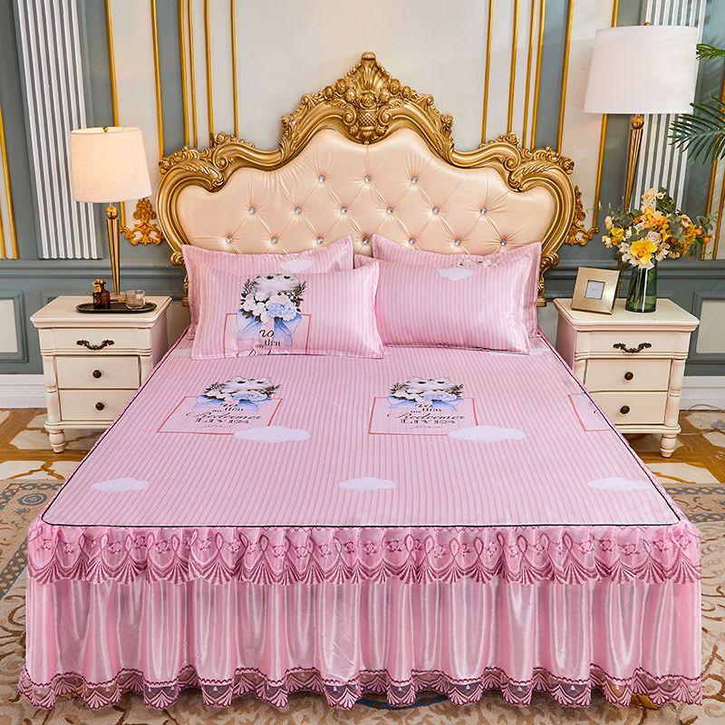 3 шт./лот, комплект двуспальных простыней, классическая кружевная королевская синяя простыня, юбка, можно стирать в машине, свадебное покрывало, наматрасник