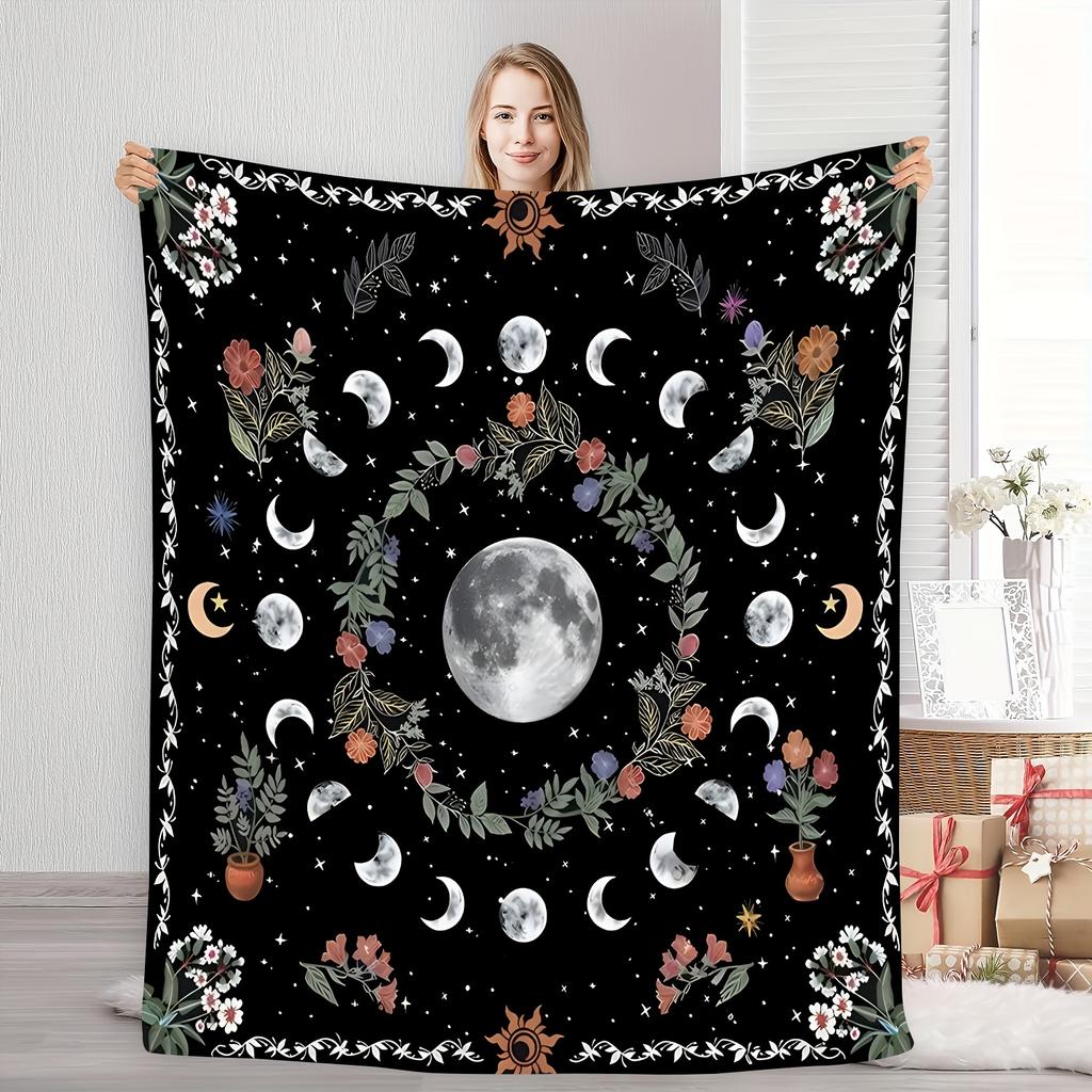 Bohemian Floral Moon Galaxy Flannel Throw Blanket - Soft, Warm and Cozy, Perfect for Home Decor/Nap/Travel/Camping Gift