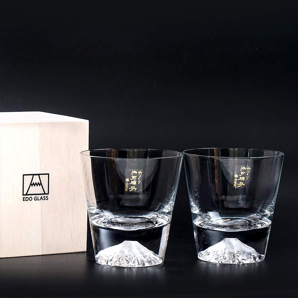 Fuji Tajima Glass Plain Rocks Glass Set Souvenir Grand Prix Edo Edo 60th Celebration Made in Paulownia Wood Includes Views of Mount Fuji Postcard x
