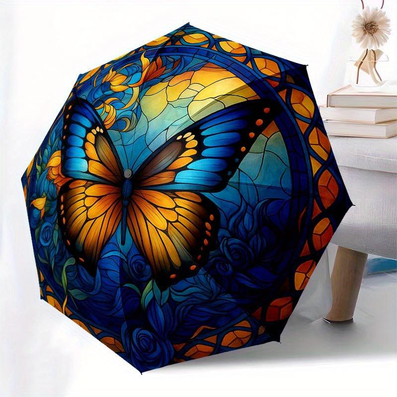 Stunning Stained Cute Butterfly Window Art Umbrella, Cute Umbrella with Cute Design, Portable 3-Fold Compact Umbrella for Men & Women, Valentine's Day