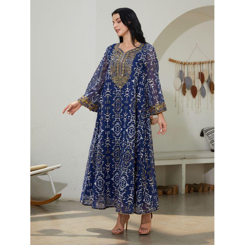 Middle East Saudi Arabia Mesh Embroidery Robe Dress Women Arabic Women Robe Jalabiya