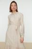 Women's Fashion New Hijab Dress Mink Belted Shoulder Detailed Skirt Flounced Woven Shirt Dress