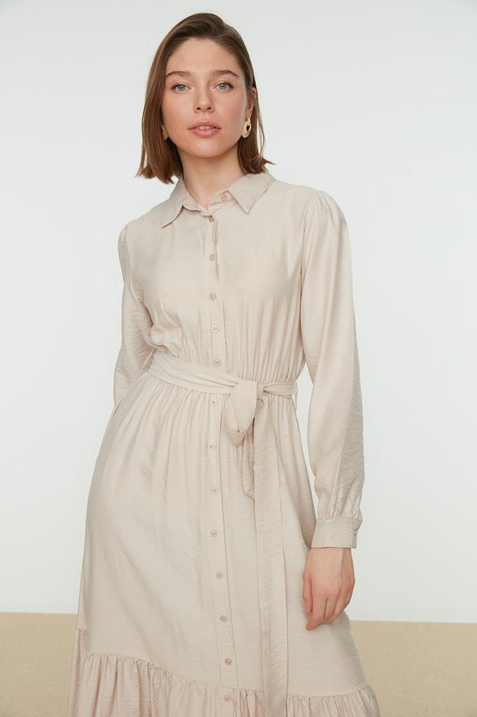 Women's Fashion New Hijab Dress Mink Belted Shoulder Detailed Skirt Flounced Woven Shirt Dress