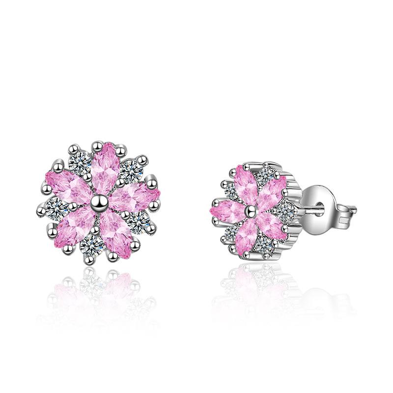 Fashion 925 Sterling Silver Clear Pink Zircon Cherry Blossoms Flower Necklace+Earrings+Bracelet 925 Stamp Jewelry Sets for Women