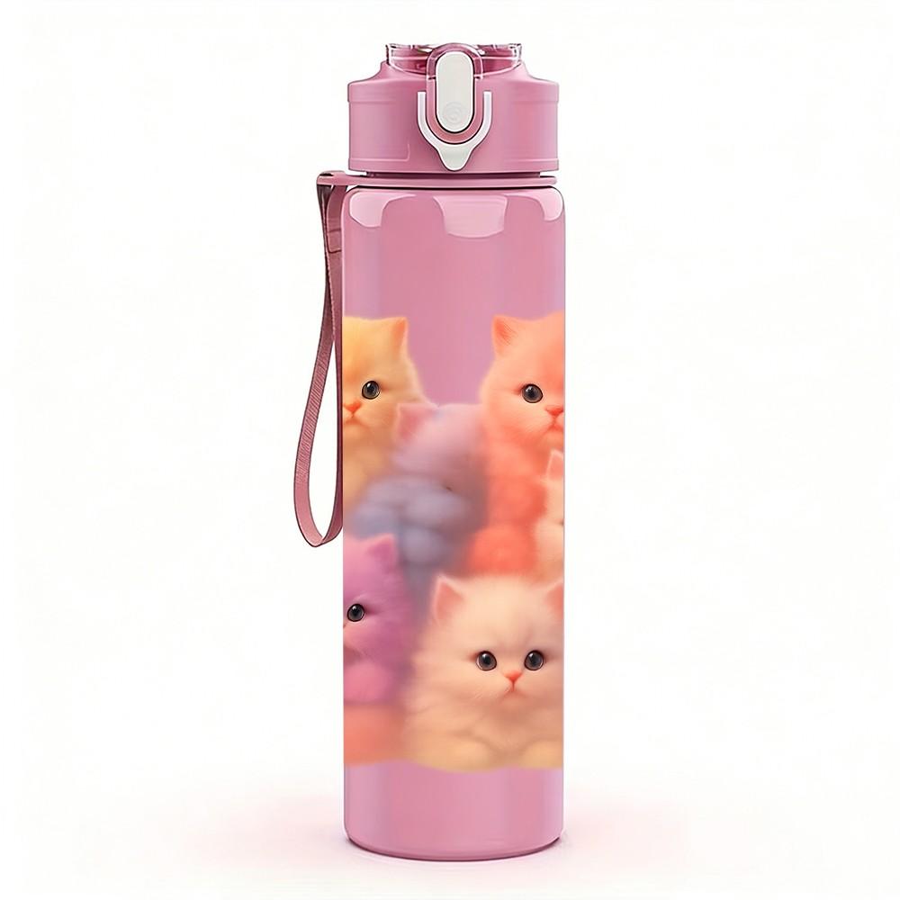 1PC Fluffy Stacked Kitten Group 750ml Color Plastic Sports Water Bottle Leakproof Flip Straw Lid Suitable for Sports Office Home Use